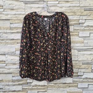 ​Old Navy Blouse Women's XL Black Floral Boho Peasant Ditsy Flower Long Sleeve